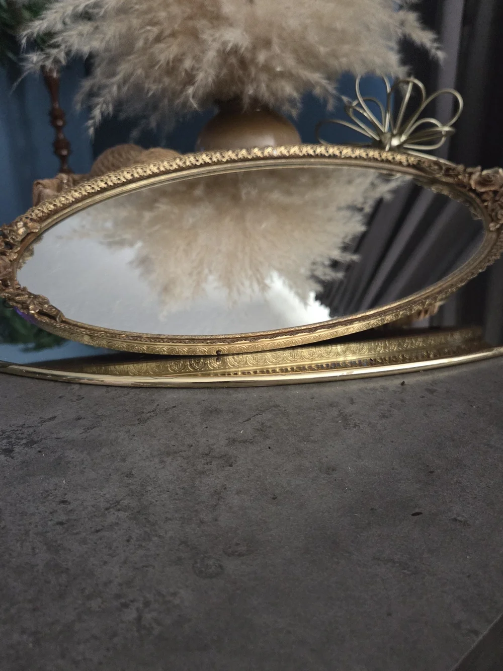 1960s 24 Karat Gold Plated Matson Golden Rose Ormolu Vintage Vanity Mirror Tray